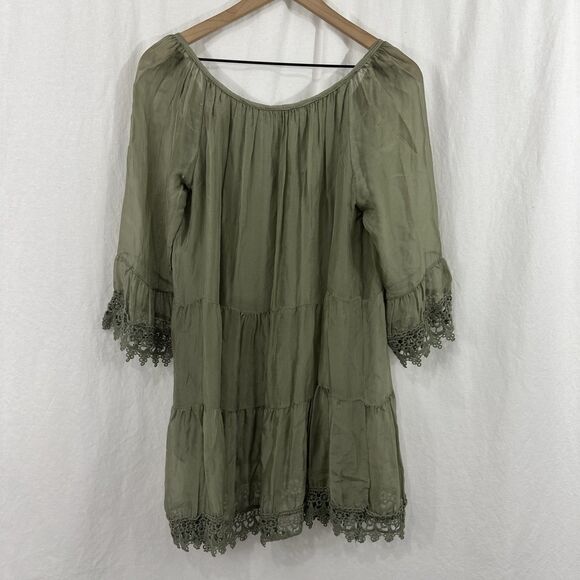 Scandal Italy Juliet Green Silk Blend Crochet Lace Flowy Tie Neck Top Womens O/S - Picture 2 of 13